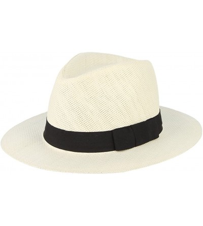 Fedoras Fedora Panama Hat Black Banded Wide Brim Summer Straw Cap - Off-white - CS18D6KE0CQ $19.44