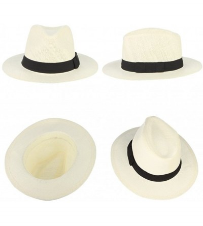 Fedoras Fedora Panama Hat Black Banded Wide Brim Summer Straw Cap - Off-white - CS18D6KE0CQ $9.25