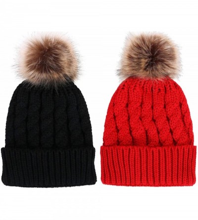 Skullies & Beanies Women's Winter Soft Chunky Cable Knit Pom Pom Beanie Hats Skull Ski Cap - 2pack_black/Red - CV188AM2H6D $2...