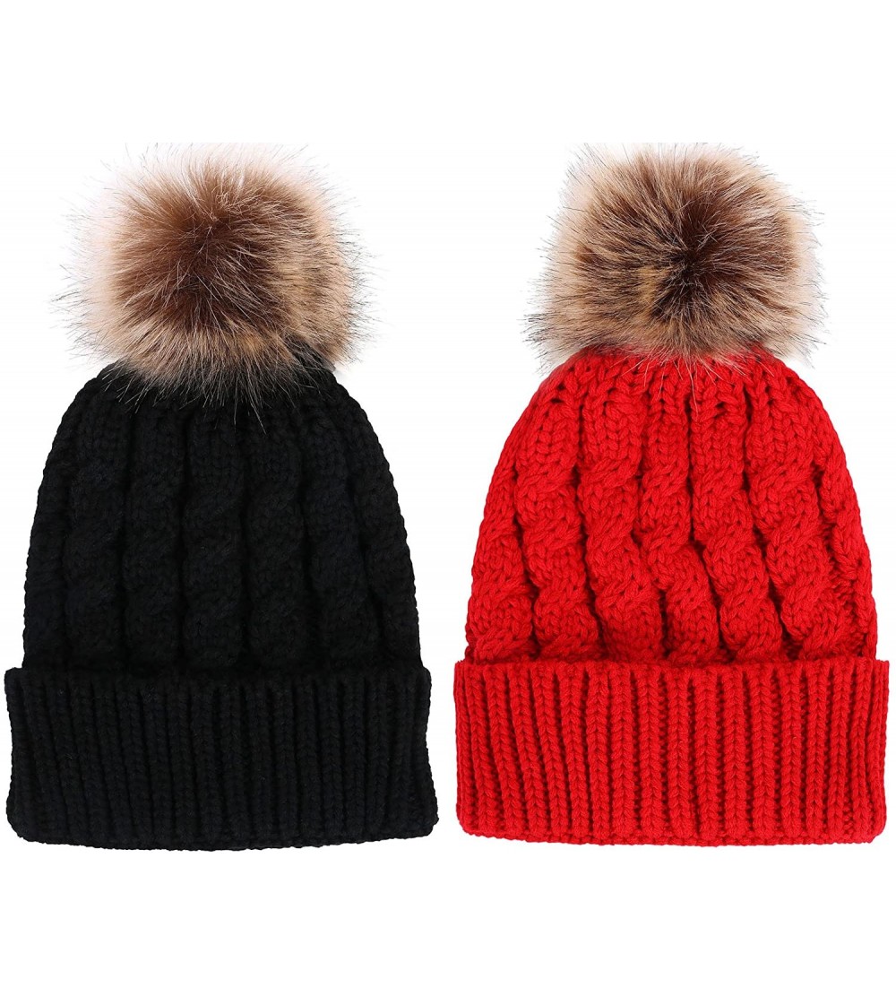 Skullies & Beanies Women's Winter Soft Chunky Cable Knit Pom Pom Beanie Hats Skull Ski Cap - 2pack_black/Red - CV188AM2H6D $2...