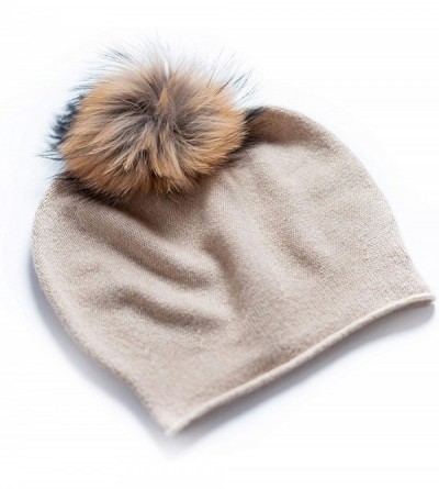 Skullies & Beanies Women's Winter 100% Pure Cashmere Beanie hat with Detachable Real Fur Pompom - Beige - C11939MEQCW $48.32