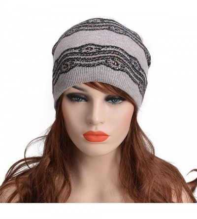 Berets Womens Wool Crochet Rhinestone Beanie Beret Warm Winter Lace Trim Hat T269 - Gray - CU1867CMX20 $24.74