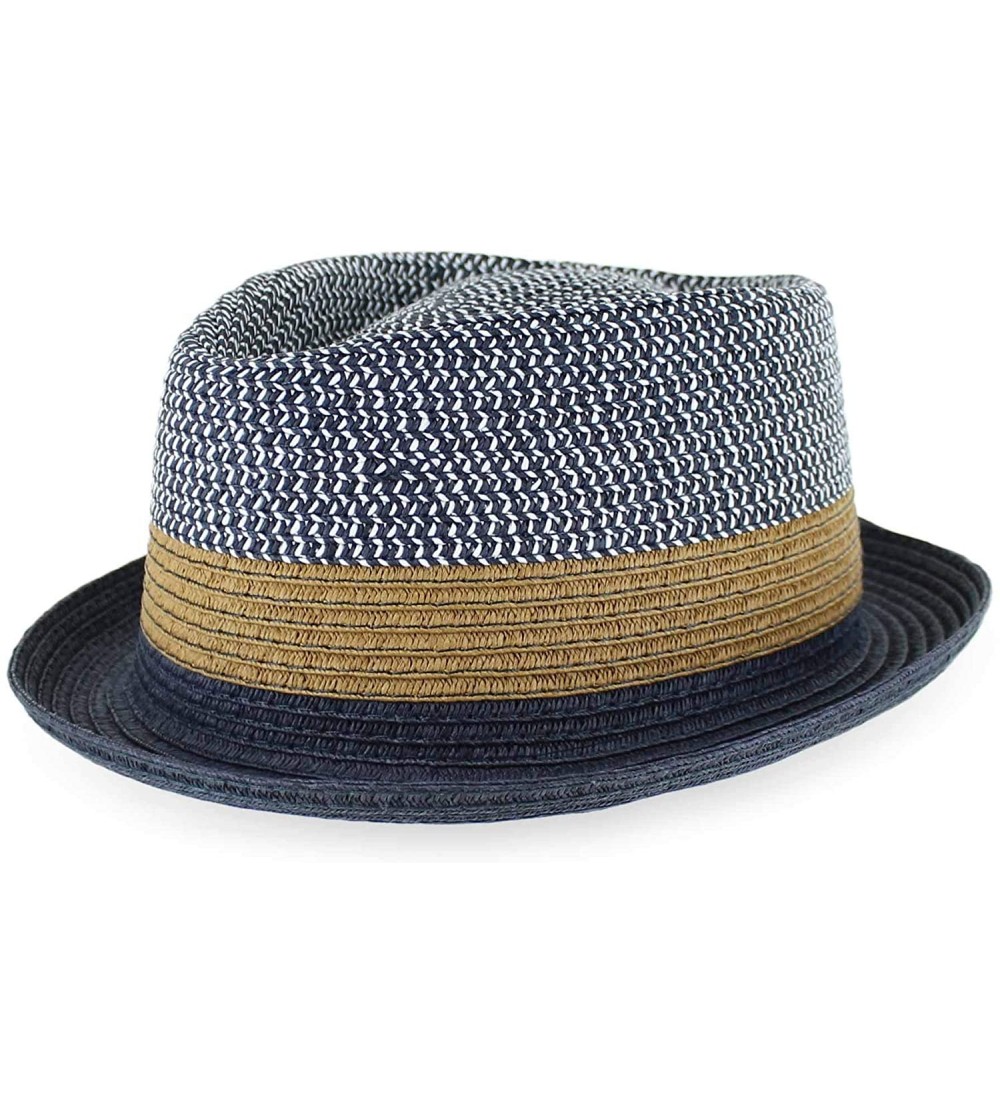 Fedoras Belfry Men/Women Summer Straw Pork Pie Trilby Fedora Hat in Blue- Tan- Black - Elinavy - CX18SSRQHS6 $35.40