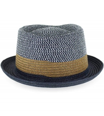 Fedoras Belfry Men/Women Summer Straw Pork Pie Trilby Fedora Hat in Blue- Tan- Black - Elinavy - CX18SSRQHS6 $35.40
