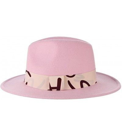 Fedoras Women Vintage Felt Fedora Hat Big Bow Wide Brim Panama Hat Church Derby Hat Pink - Pink 4 - CK18QX90I0M $8.55