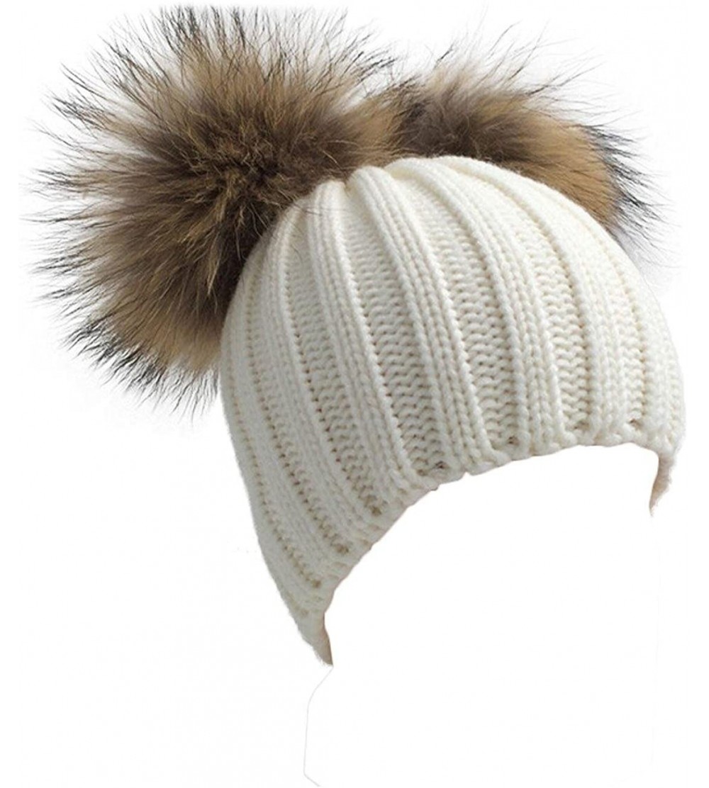 Skullies & Beanies Winter Knit Crochet Beanie Raccoon Fur Double Pom Pom Ball Bobble Hat Crochet Ski Cap - White - CM186NQ68H...