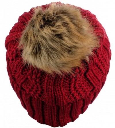 Skullies & Beanies Thick Cable Knit Faux Fuzzy Fur Pom Fleece Lined Skull Cap Cuff Beanie - Red - CR185IO4A28 $13.05