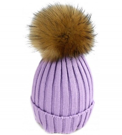 Skullies & Beanies Women Cable Knit Beanie Raccoon Fur Fuzzy Pompom Chunky Winter Stretch Skull Cap Cuff Hat - 08light Purple...
