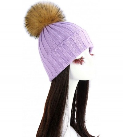Skullies & Beanies Women Cable Knit Beanie Raccoon Fur Fuzzy Pompom Chunky Winter Stretch Skull Cap Cuff Hat - 08light Purple...