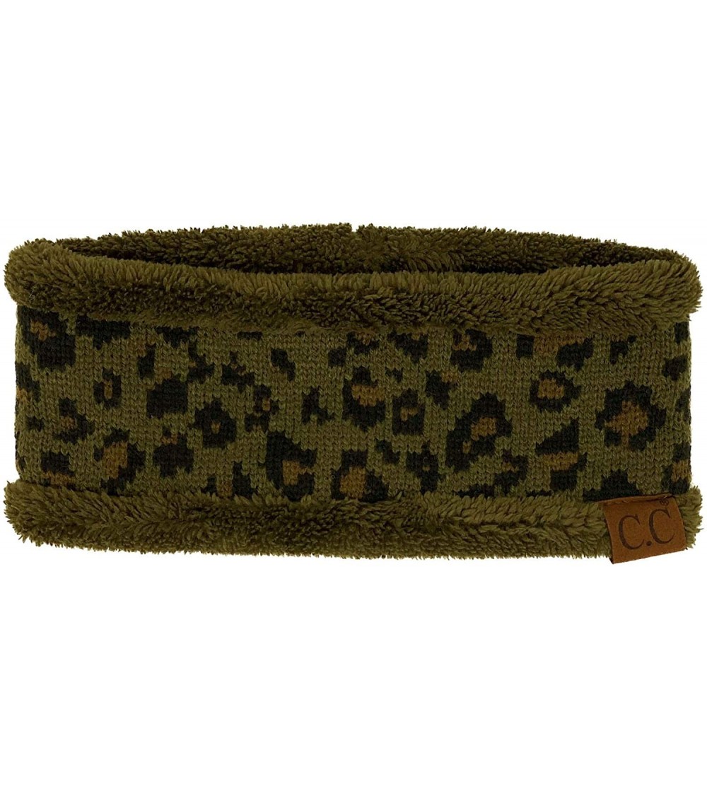 Cold Weather Headbands Winter CC Sherpa Polar Fleece Lined Thick Knit Headband Headwrap Hat Cap - Leopard New Olive - C518A7M...