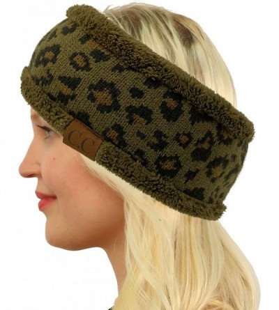 Cold Weather Headbands Winter CC Sherpa Polar Fleece Lined Thick Knit Headband Headwrap Hat Cap - Leopard New Olive - C518A7M...
