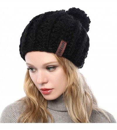 Skullies & Beanies Winter Knit Hat for Women Warm Chunky Pom Pom Beanie Ski Snow Outdoor Cap for Women Teen Girls - Black - C...