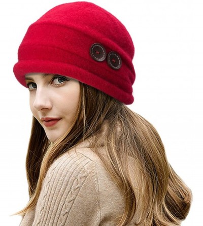 Bucket Hats New Womens 100% Wool Slouchy Wrinkle Button Winter Bucket Cloche Hat T178 - Red - CJ187Q92WTZ $21.67