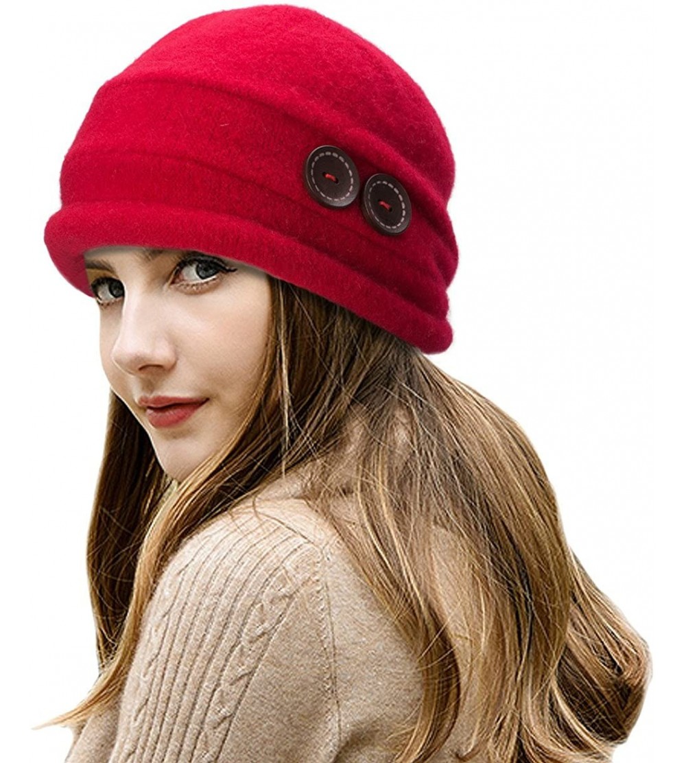 Bucket Hats New Womens 100% Wool Slouchy Wrinkle Button Winter Bucket Cloche Hat T178 - Red - CJ187Q92WTZ $12.13