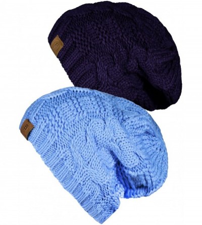 Skullies & Beanies Unisex Warm Chunky Soft Stretch Cable Knit Beanie Cap Hat - 2pk Baby Blue/Navy102 - CZ12NSFCRVN $12.34