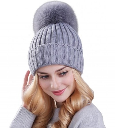 Cold Weather Headbands Winter Women's Genuine Fox Fur Pom Pom Trend Wool Knitted Beanie Hat - Grey - CE186IAIHQM $33.73