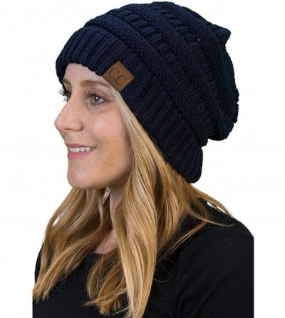 Skullies & Beanies Solid Ribbed Beanie Slouchy Soft Stretch Cable Knit Warm Skull Cap - Navy - CU12N38R7IA $10.64