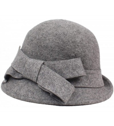 Bucket Hats 100% Wool Vintage Felt Cloche Bucket Bowler Hat Winter Women Church Hats - Big Bow Gray6 - CF18K6I5IS4 $45.57