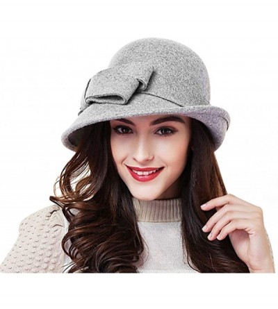 Bucket Hats 100% Wool Vintage Felt Cloche Bucket Bowler Hat Winter Women Church Hats - Big Bow Gray6 - CF18K6I5IS4 $18.46