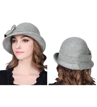 Bucket Hats 100% Wool Vintage Felt Cloche Bucket Bowler Hat Winter Women Church Hats - Big Bow Gray6 - CF18K6I5IS4 $18.46