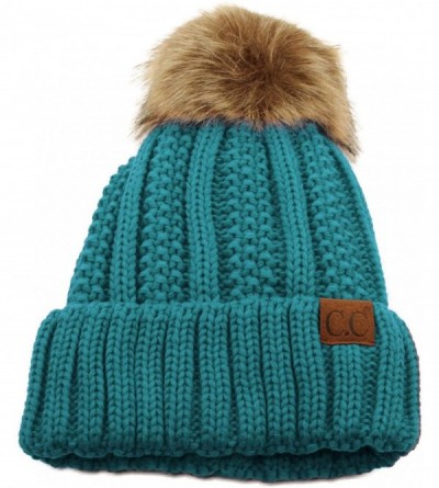 Skullies & Beanies Winter Sherpa Fleeced Lined Chunky Knit Stretch Pom Pom Beanie Hat Cap - Solid Teal - CW18K2YC6RQ $27.70