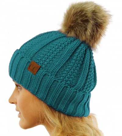 Skullies & Beanies Winter Sherpa Fleeced Lined Chunky Knit Stretch Pom Pom Beanie Hat Cap - Solid Teal - CW18K2YC6RQ $11.38