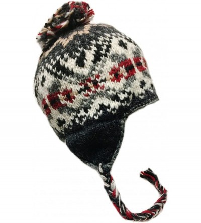 Skullies & Beanies Nepal Hand Knit Sherpa Hat with Ear Flaps- Trapper Ski Heavy Wool Fleeced Lined Cap - Red/White - C311PFDZ...