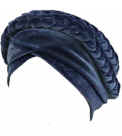 Skullies & Beanies Women Braid Velvet Muslim Stretch Turban Hat Twist Braid Cap Head Scarf Wrap Cap - Blue - CG18T63QNKA $8.85