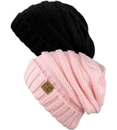 Skullies & Beanies Oversized Baggy Slouchy Thick Winter Beanie Hat - 2 Pack- Black/Pale Pink - CI188NOSU00 $27.42