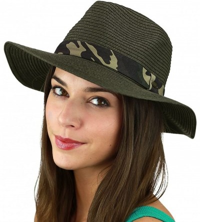 Sun Hats Teardrop Dent Paper Woven Panama Sun Beach Hat with Camouflage Band - Olive - CR17Y52HEIR $30.65