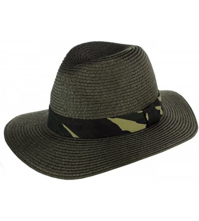 Sun Hats Teardrop Dent Paper Woven Panama Sun Beach Hat with Camouflage Band - Olive - CR17Y52HEIR $11.31