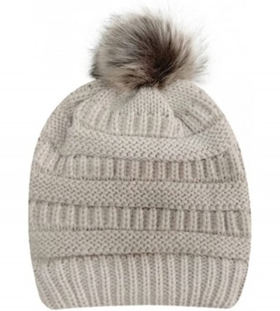 Skullies & Beanies Womens Knit Cap Winter Warm Crochet Knit Faux Fur Pom Pom Beanie Hat - Beige - CN18I9KCR4K $7.48