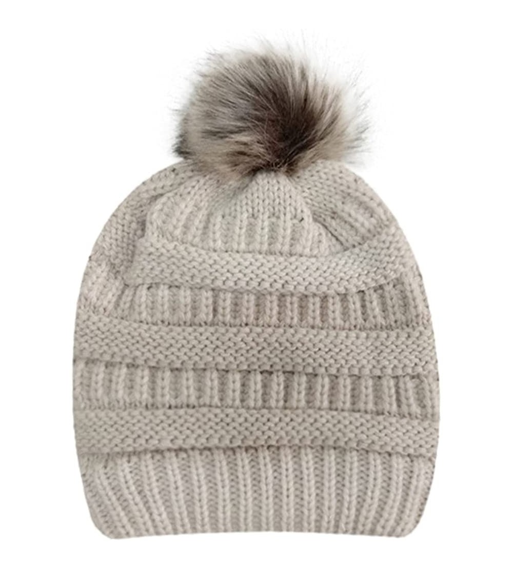 Skullies & Beanies Womens Knit Cap Winter Warm Crochet Knit Faux Fur Pom Pom Beanie Hat - Beige - CN18I9KCR4K $7.48