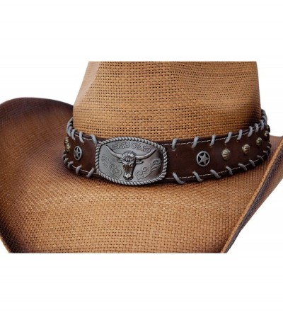 Cowboy Hats Men & Women's Woven Straw Cowboy Cowgirl Hat Western Outback w/Wide Brim - Long Horn - CS198ZAT68Q $30.51