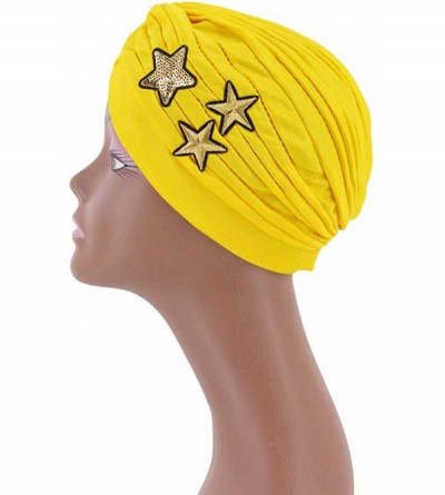 Skullies & Beanies Shiny Flower Turban Shimmer Chemo Cap Hairwrap Headwear Beanie Hair Scarf - Yellow Star1 - C418A4HA9WK $7.63