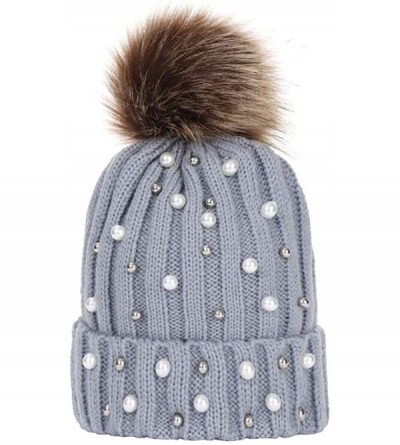 Bomber Hats Women Faux Fur Pom Pom Beanie Cap Fashion Winter Pearl Knit Ski Hat - Gray - CM18LK84GE2 $9.05