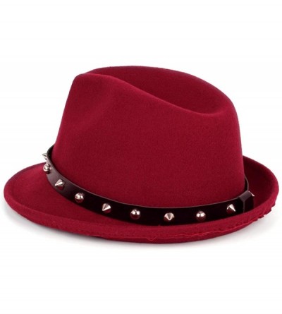 Fedoras Men's Trilby Fedora Hats Classic Manhattan Structured Wool Felt Short Brim Rivet Trilby Hat - Red - CJ18XW8D43E $15.44