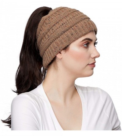 Skullies & Beanies Ribbed Confetti Knit Beanie Tail Hat for Adult Bundle Hair Tie (MB-33) - Taupe (With Ponytail Holder) - CE...