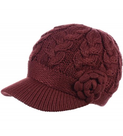 Skullies & Beanies Womens Winter Visor Cap Beanie Hat Wool Blend Lined Crochet Decoration - Burgundy Rose - CU18WCHWZN3 $35.65