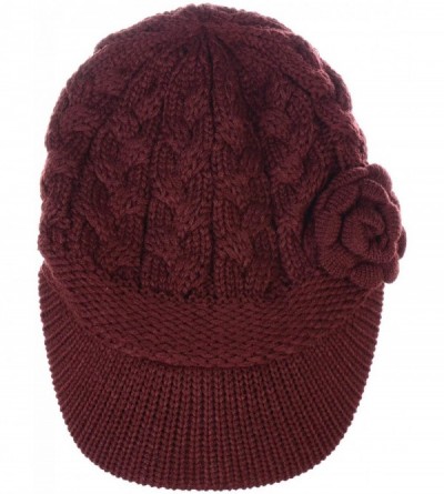 Skullies & Beanies Womens Winter Visor Cap Beanie Hat Wool Blend Lined Crochet Decoration - Burgundy Rose - CU18WCHWZN3 $15.48