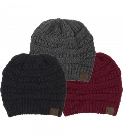 Skullies & Beanies Solid Ribbed Beanie Slouchy Soft Stretch Cable Knit Warm Skull Cap - 3 Pack - Black- Burgundy- Dk Melange ...