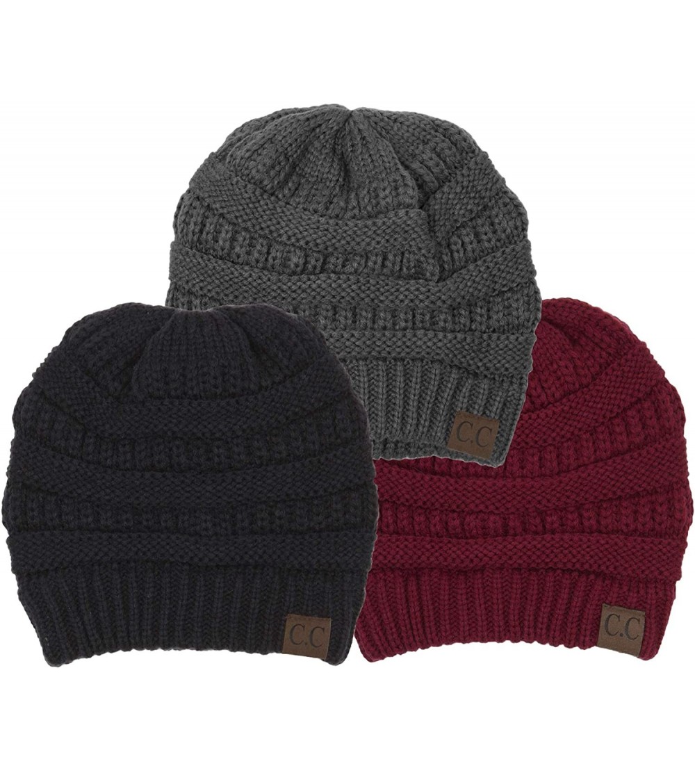 Skullies & Beanies Solid Ribbed Beanie Slouchy Soft Stretch Cable Knit Warm Skull Cap - 3 Pack - Black- Burgundy- Dk Melange ...
