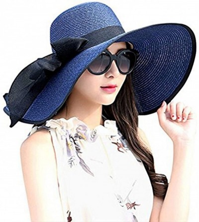 Sun Hats Women's Big Bowknot Straw Sun Hat Floppy Foldable Roll up UV 50+ Beach Cap - Navy Blue With Black Bow - CT18SURC2HN ...