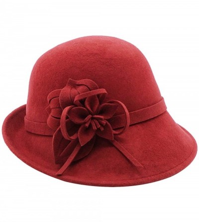 Bucket Hats 100% Wool Vintage Felt Cloche Bucket Bowler Hat Winter Women Church Hats - Flower Wine Red11 - C418KWEND0H $49.31