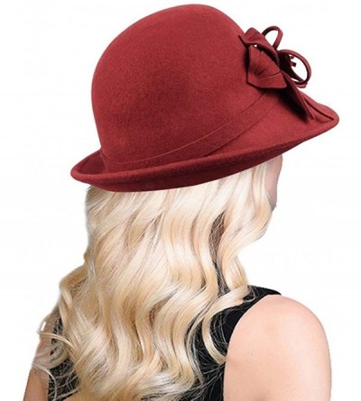 Bucket Hats 100% Wool Vintage Felt Cloche Bucket Bowler Hat Winter Women Church Hats - Flower Wine Red11 - C418KWEND0H $21.70
