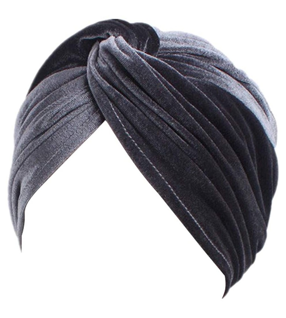 Skullies & Beanies Women's Stretch Velvet Twist Pleasted Hair Wrap Turban Hat Cancer Chemo Beanie Cap Headwear - Gray - CG18L...