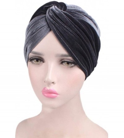 Skullies & Beanies Women's Stretch Velvet Twist Pleasted Hair Wrap Turban Hat Cancer Chemo Beanie Cap Headwear - Gray - CG18L...