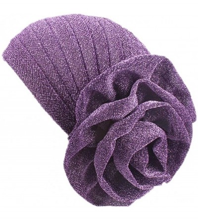 Skullies & Beanies Women Elastic Glitter Big Flower Turban Chemo Beanie Hair Loss Chemo Cap Hat - Purple - C218LU88WW9 $19.39