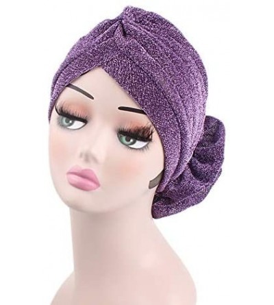 Skullies & Beanies Women Elastic Glitter Big Flower Turban Chemo Beanie Hair Loss Chemo Cap Hat - Purple - C218LU88WW9 $8.42