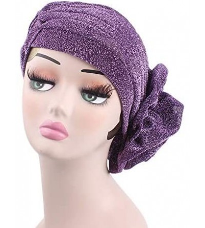 Skullies & Beanies Women Elastic Glitter Big Flower Turban Chemo Beanie Hair Loss Chemo Cap Hat - Purple - C218LU88WW9 $8.42